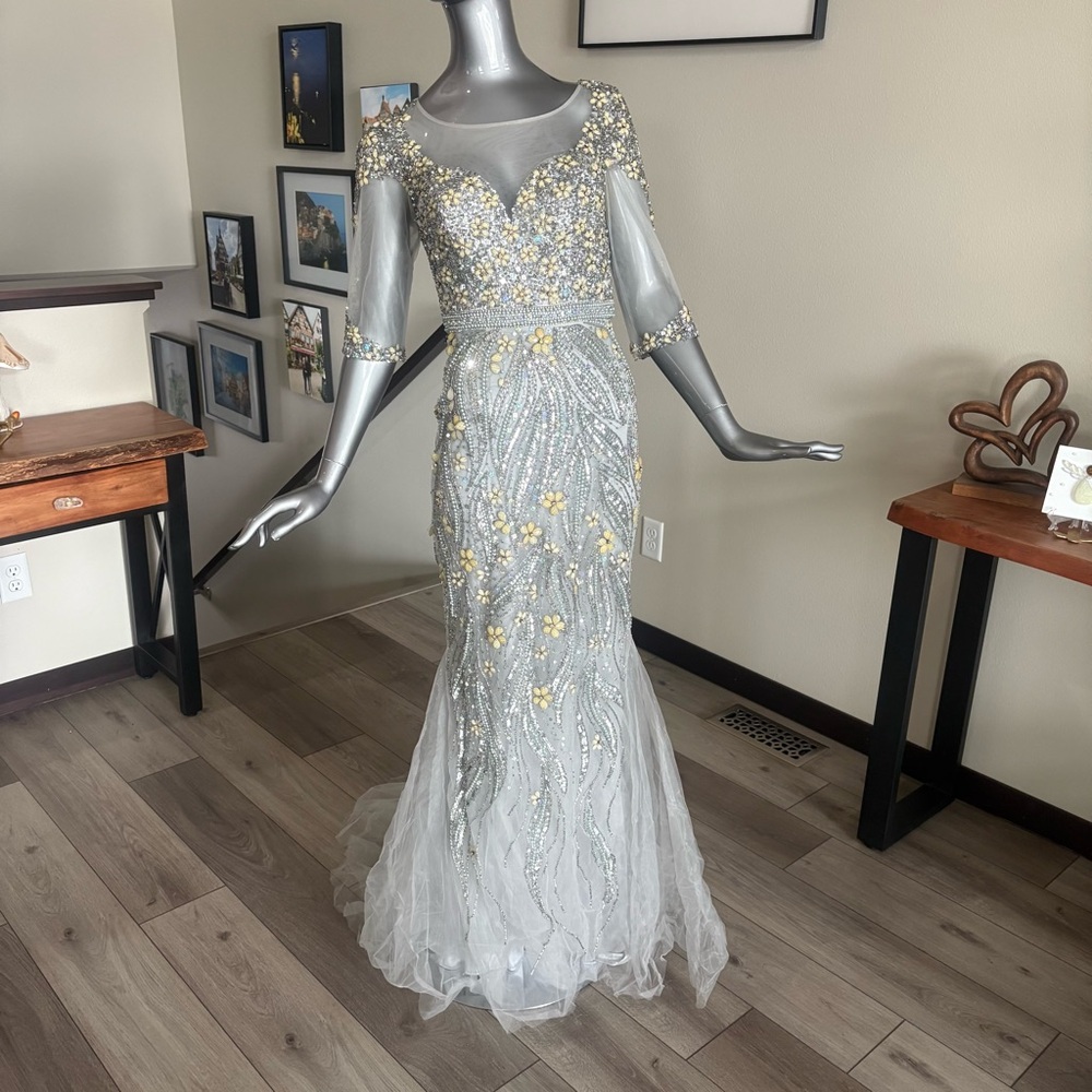 Elegant Light Gray and Cream Embellished Gown